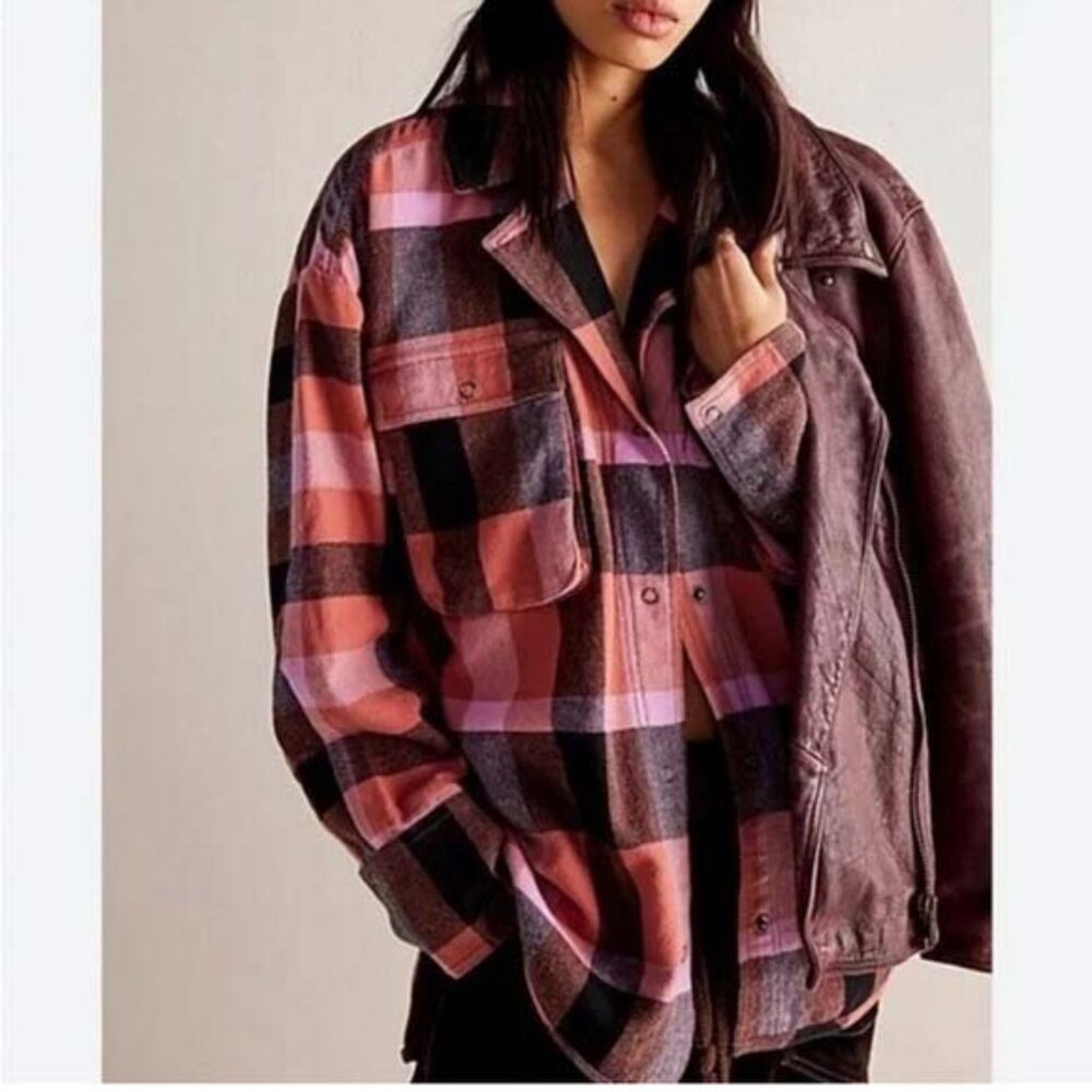 Free People Pink and Brown Plaid Button-Down Shirt
